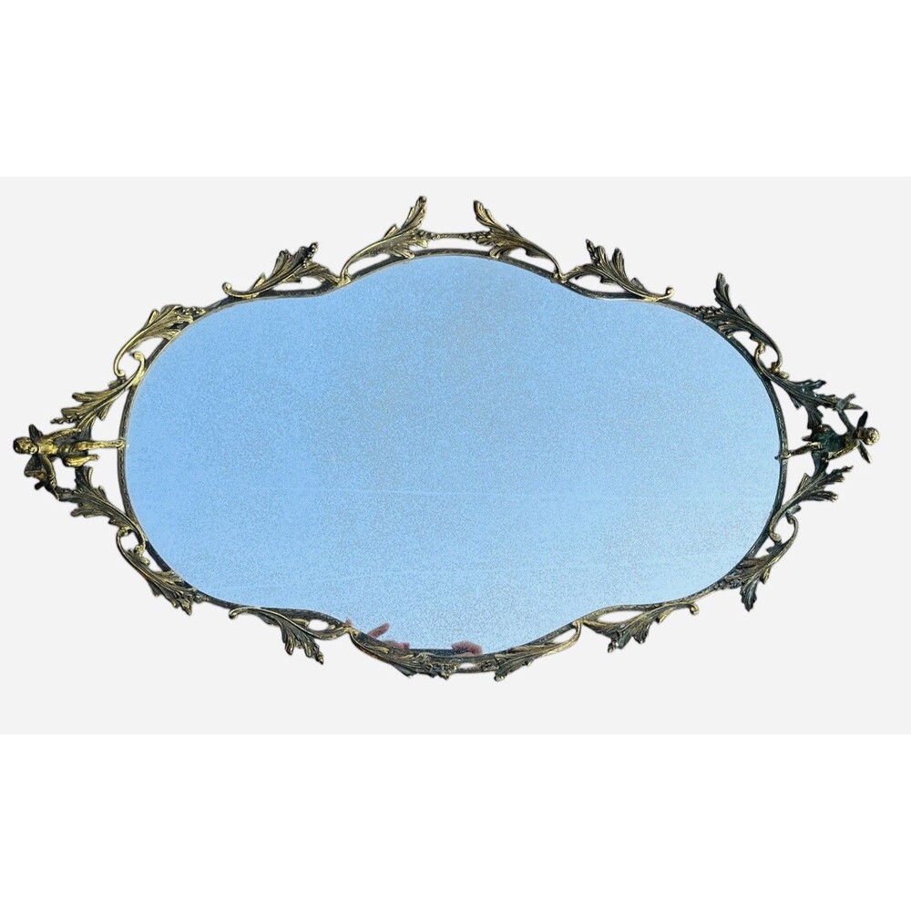 Vintage Figural Fairy Cherub Mirror Tray Ornate Brass Tone Hollywood Regency 25”